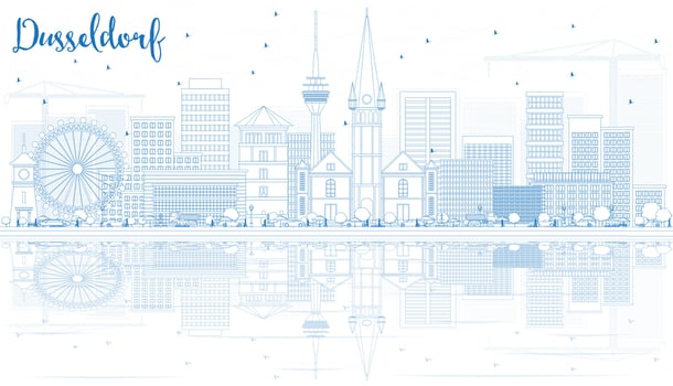 Outline Dusseldorf Skyline with Blue Buildings and Reflections. vector