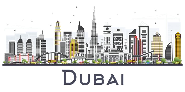 Dubai UAE Skyline with Gray Buildings Isolated on White Background. vector