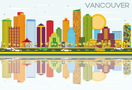 Vancouver Skyline with Color Buildings, Blue Sky and Reflections. vector