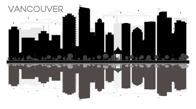 Vancouver City skyline black and white silhouette with reflections. vector