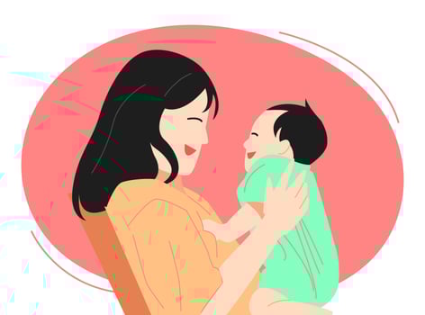 a mother holding her child with a happy expression, laughing. side view. half body. concept of parents, family. vector flat illustration.