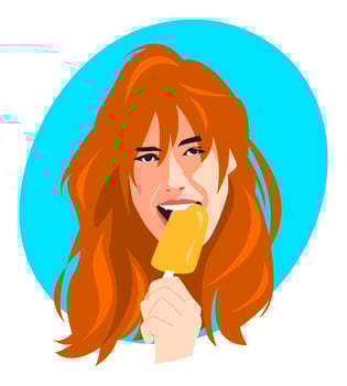 portrait of beautiful woman face with long blonde wavy hair eating, biting ice cream on stick, popsicle. Suitable for social media avatars, print, stickers, posters, etc. vector flat illustration.
