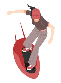 teenage girl wearing a hat playing skateboard. youth, activity, play, hobby, lifestyle. for printing, stickers, etc. flat vector illustration.
