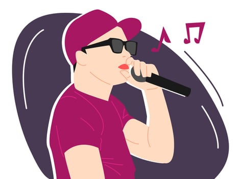 singer in hat, sunglasses singing into microphone. half body, side view. music note icon. concept and theme singer, musician, rapper, band, music. vector flat illustration.