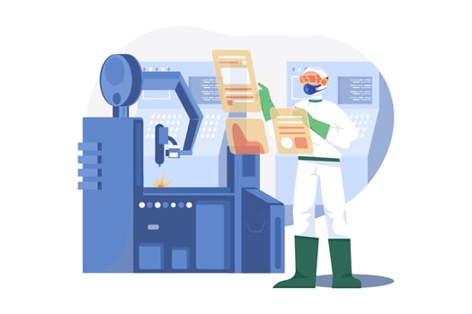 Asian male technician in sterile coveralls is wearing virtual reality headsets at the semiconductor manufacturing plant vector