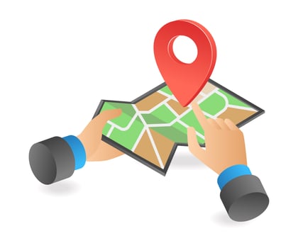 Isometric flat 3d illustration concept of hand holding and pointing location map app vector