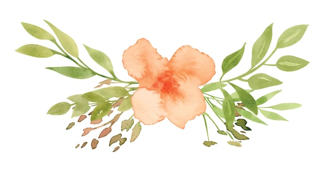 Watercolor abstract orange Flower with green leaves. Hand drawn illustration of floral bouquet for greeting cards or wedding invitations. Botanical drawing on isolated background. Vintage sketch vector
