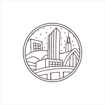 View of city illustration or monoline vintage badge design vector