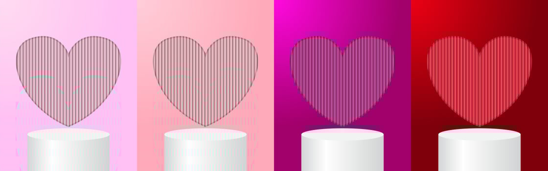 Set of white cylindrical 3D pedestals on a multicolored background. Minimal Happy Valentine's Day scene for product demonstration vector