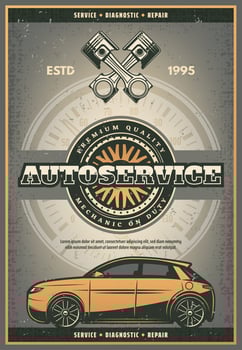 Vector car tires and engine auto service poster