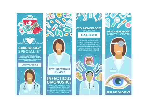 Medical clinic specialist banner with doctor, tool vector