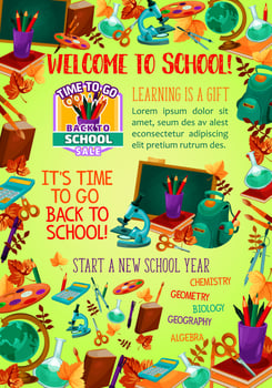 Back to school banner with education items frame vector
