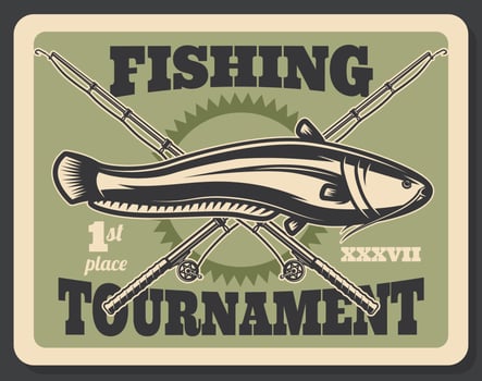 Fishing tournament fish and rods vector poster