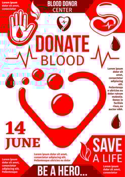 Blood Donor center banner with red drop and heart vector