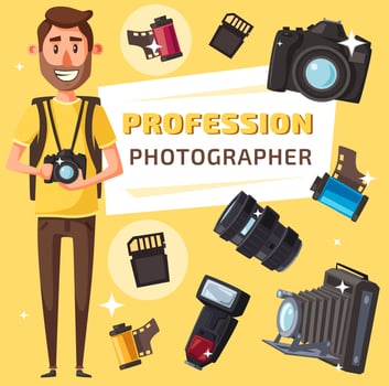 Photographer with photo items and camera vector