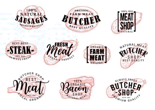 Sausage and meat lettering, butcher shop vector