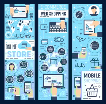 Shopping line art banners with online web shops vector