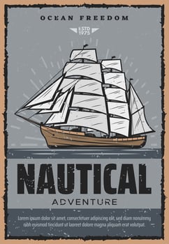 Nautical adventure retro poster with wooden ship vector