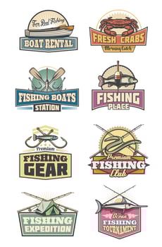 Fishery gear fishing club retro icons rod and fish vector
