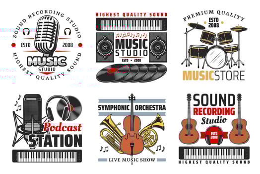 Sound record studio, music and radio icons vector