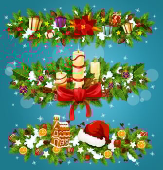 Christmas tree and holly berry festive garland vector