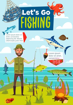Fishing sport poster, fish and fisherman vector