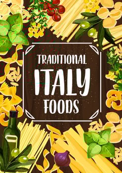 Italian food with pasta, tomato and herbs vector