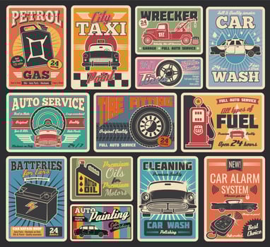 Car service and auto repair garage retro cards vector