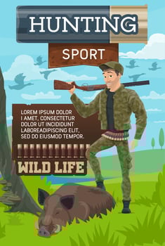 Hunter put leg on boar, hunting club poster vector