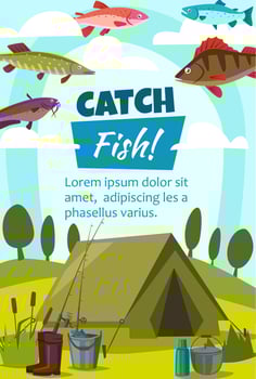 Fishing and camping, tent and fishes vector