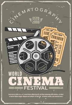 Cinema festival retro poster, film and tickets vector