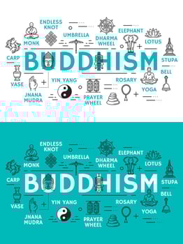 Buddhism religion and items icons vector