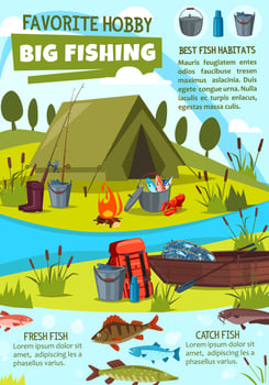 Fishing hobby poster with fisher camp at lake vector