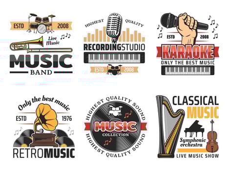 Music record studio and orchestra band retro icons vector