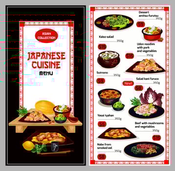 Japanese cuisine suhsi and noodle bento dish menu vector