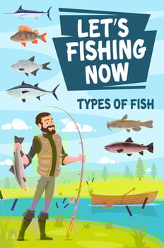 Fishing poster with fisherman holding pike and rod vector
