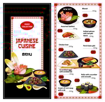 Japanese cuisine menu template with exotic food vector