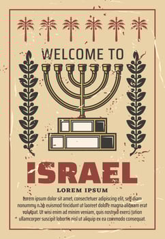 Israel travel poster with Menorah, vector
