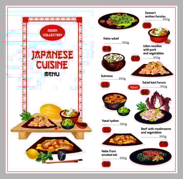 Japanese cuisine traditional dishes menu vector