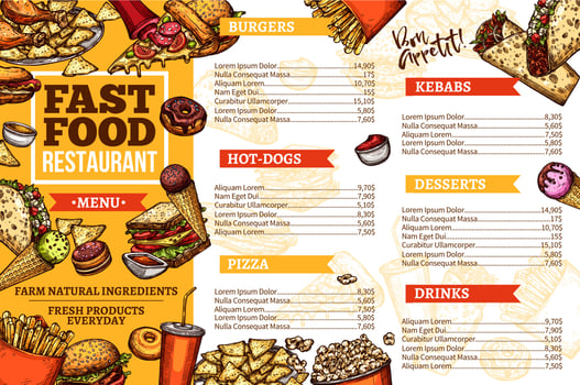 Fast food burgers, hotdog and kebabs menu vector