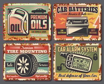 Car auto service station rusty retro posters vector