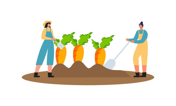 Tiny farmer and selling fresh farm vegetables to buyer illustration concept vector