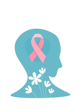 Silhouette of no hair human with brest cancer ribbon, flat vector illustration.