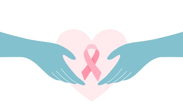 breast cancer ribbon on holding hands, flat vector illustration.