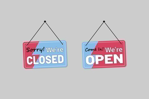 Sorry we're closed and come in we're open door sign vector