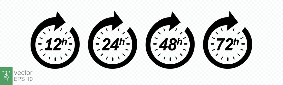 Hour icon set. 12, 24, 48 and 72 hours clock arrow. Fast delivery, timer with circle arrow. Vector work time effect or delivery service time icons. EPS 10.