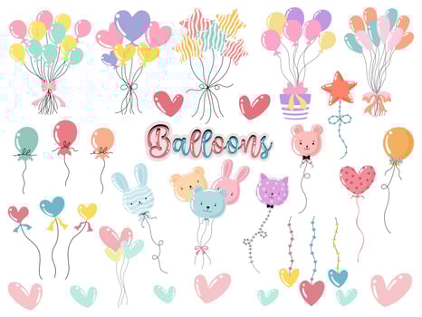Vector balloons collection designed in vibrant colors. On a white background for decorating cards, festivals, celebrations, art for kids, birthday card, elements for decorations, Sticker, and more.