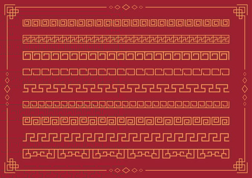 Set collection Vector border coil line pattern of symbol element oriental ornament design Traditional. The Chinese new year 2023 festival Asian style decoration frame template golden on red background