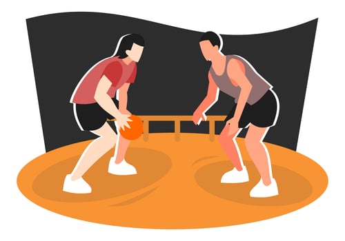 illustration of two teenage boys practicing basketball sparring on the court. dribble. suitable for the theme of sports, practice, competition, hobbies, extracurricular, school, etc. flat vector. vector