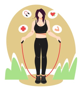illustration of beautiful girl doing jump rope. includes jump rope icon, heart and health icon, muscle icon. sports, fitness, beauty, etc. theme concepts. flat vector